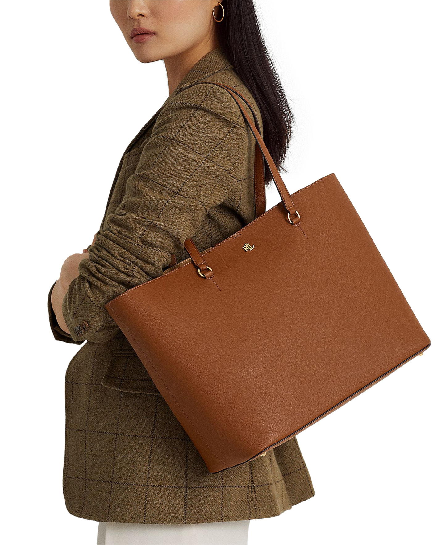 Lauren Ralph Lauren Karly Crosshatch Leather Large Tote - Lauren Tan