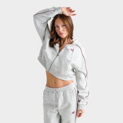 Women's New Balance Piped Cropped Full-Zip Hoodie - Ash Heather/Burgundy - view 1