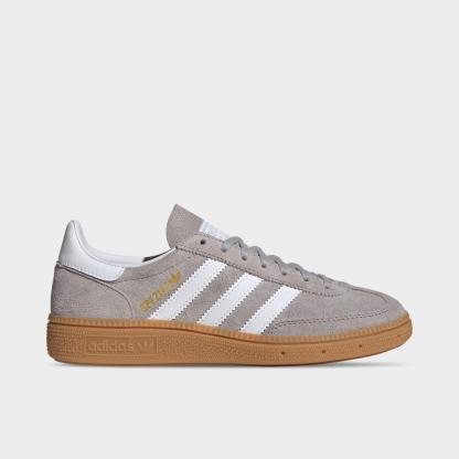 Big Kids' adidas Originals Handball Spezial Casual Shoes - Part 1 - Grey Two/Cloud White/Gum - Left shoe facing left. Outside of the shoe.