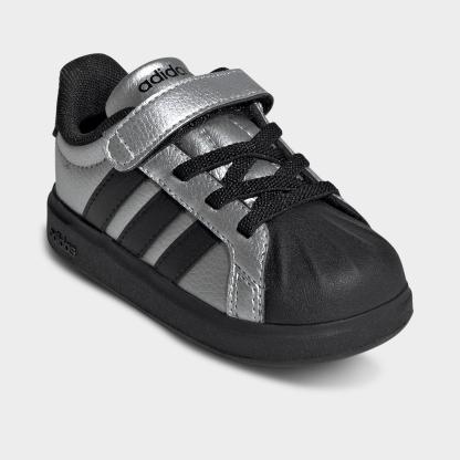 Kids' Toddler adidas Streettalk Hook-And-Loop Stretch Lace Casual Shoes - Silver Metallic/Core Black/Silver Metallic - Both shoes facing left
