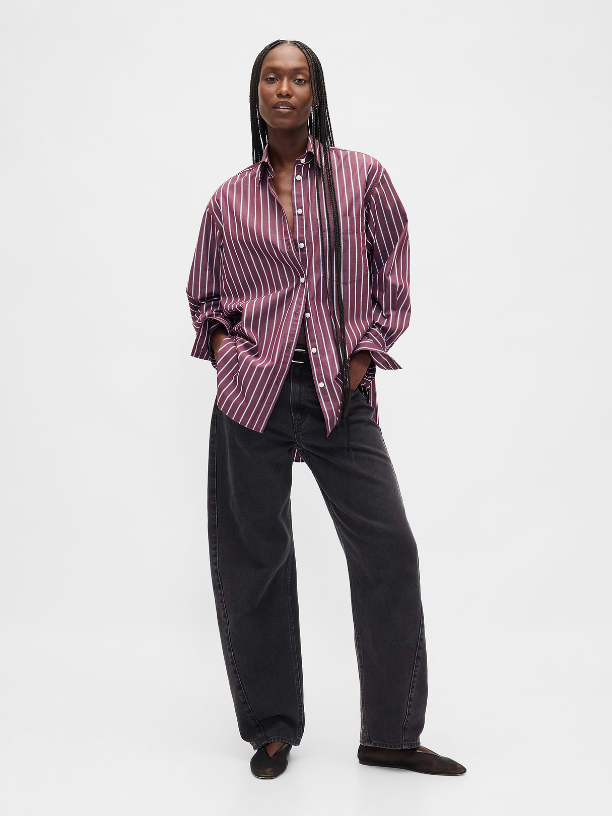 Organic Cotton Poplin Stripe Big Shirt - Purple burgundy stripe