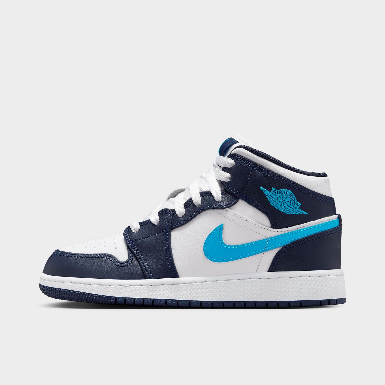 Big Kids' Air Jordan Retro 1 Mid Casual Shoes - Obsidian/White/Dark Powder Blue - view 1