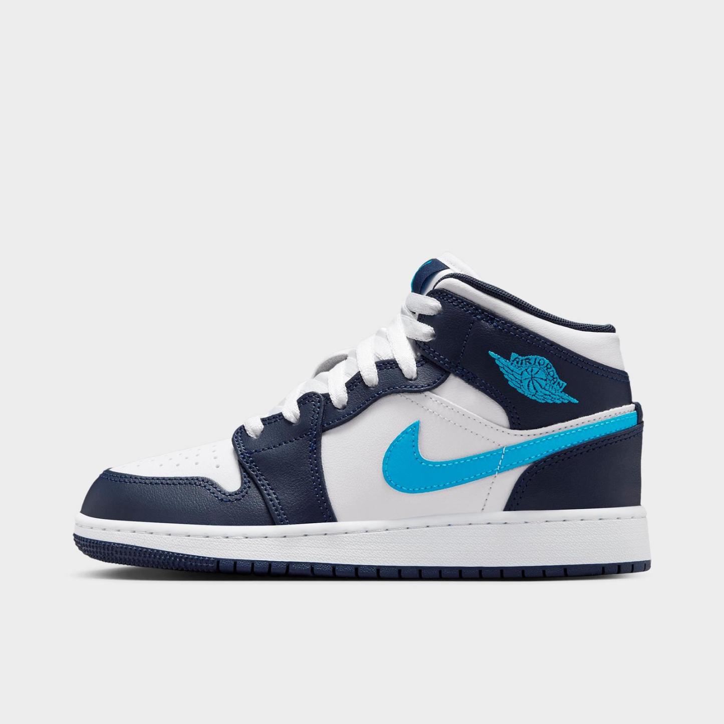 Big Kids' Air Jordan Retro 1 Mid Casual Shoes - Obsidian/White/Dark Powder Blue - view 1