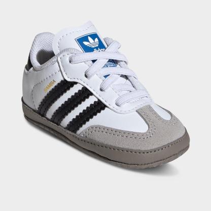 Infant adidas Originals Samba Stretch Lace Crib Shoes - White/Black/Clear Granite - Both shoes facing left