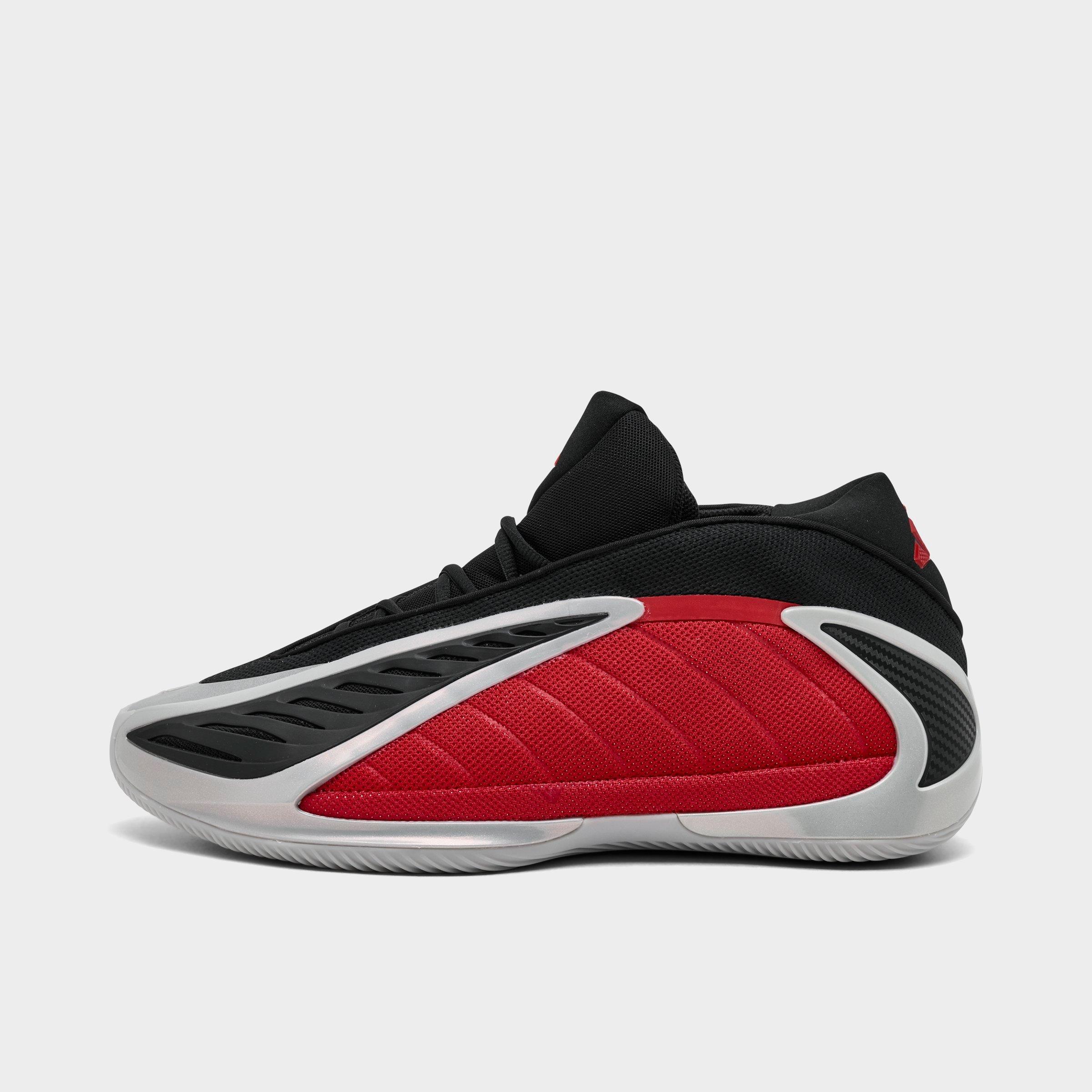 Men's adidas Anthony Edwards 2 Basketball Shoes - Silver Metallic/Pure Ruby/Core Black - Left shoe facing left. Outside of the shoe.