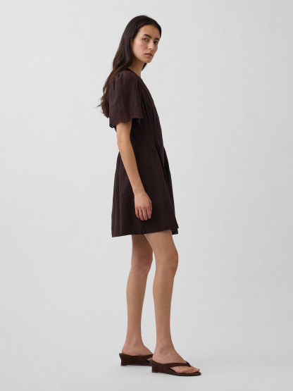 Linen-Blend Cinched Mini Shirtdress - Terra brown