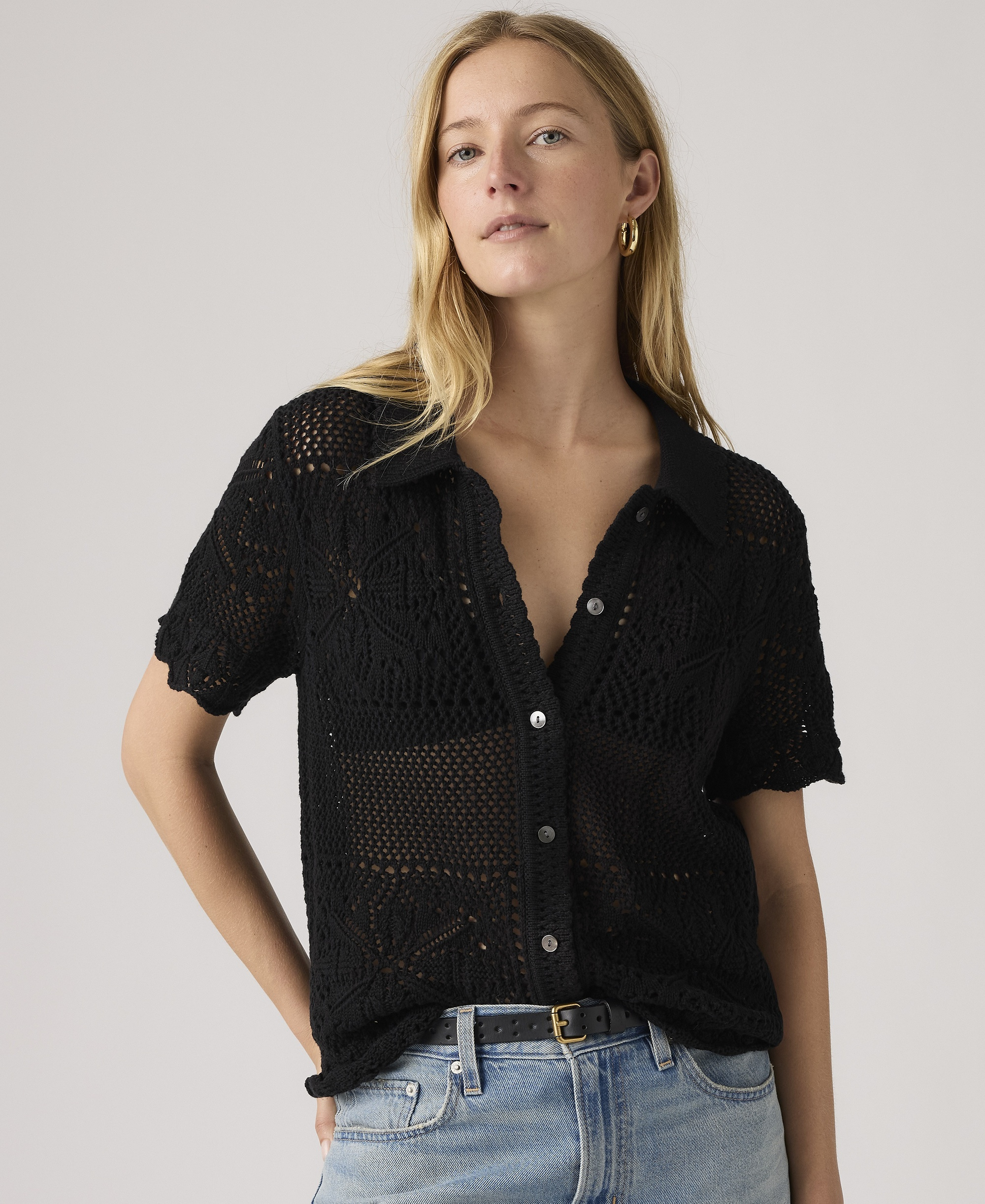 Levi's Premium Women's Susanna Floral Crochet Collared Cotton Shirt - Anthracite Night