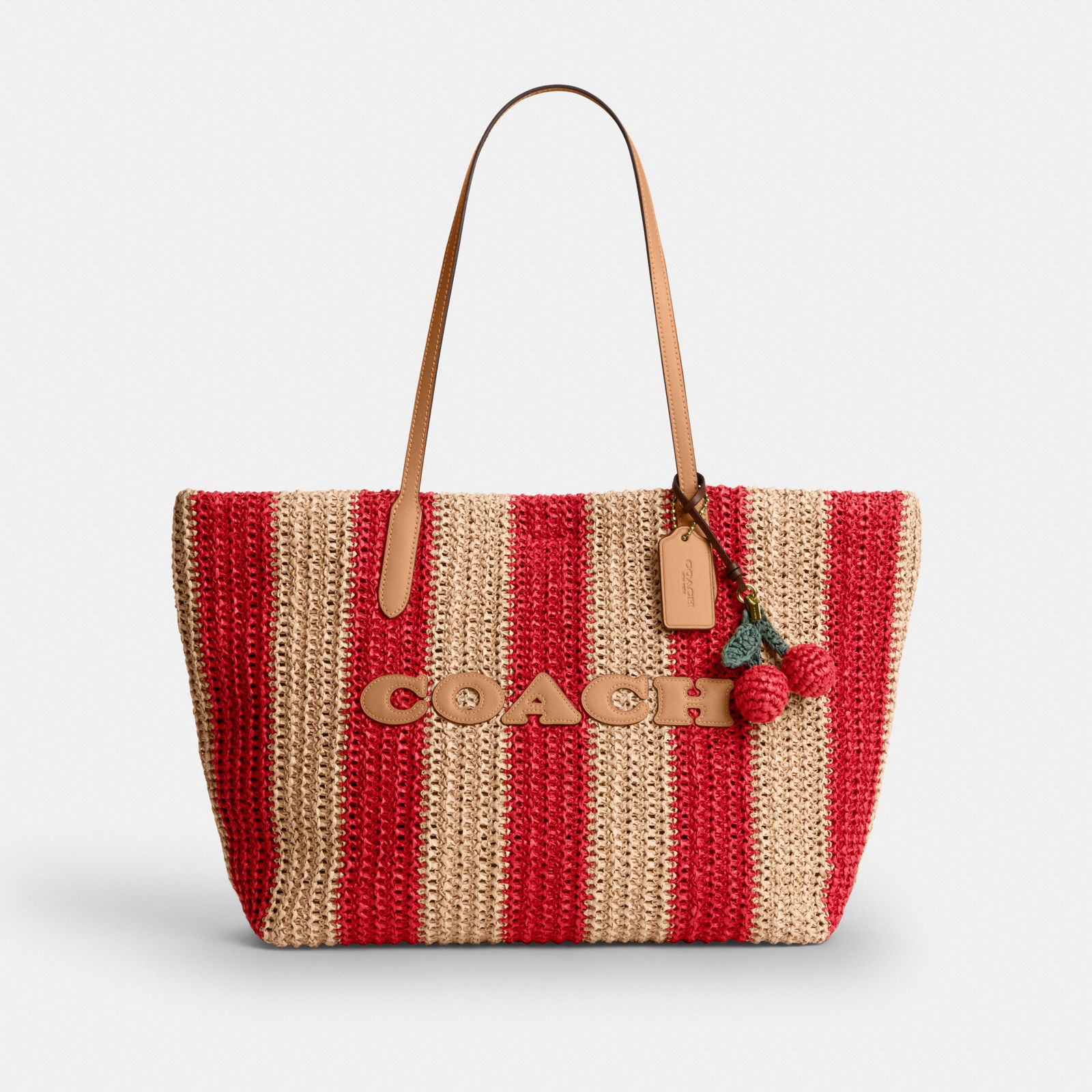 City Tote Bag With Stripes And Charm - Gold/Red/Tan