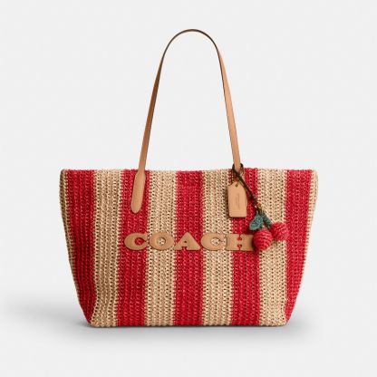 City Tote Bag With Stripes And Charm - Gold/Red/Tan