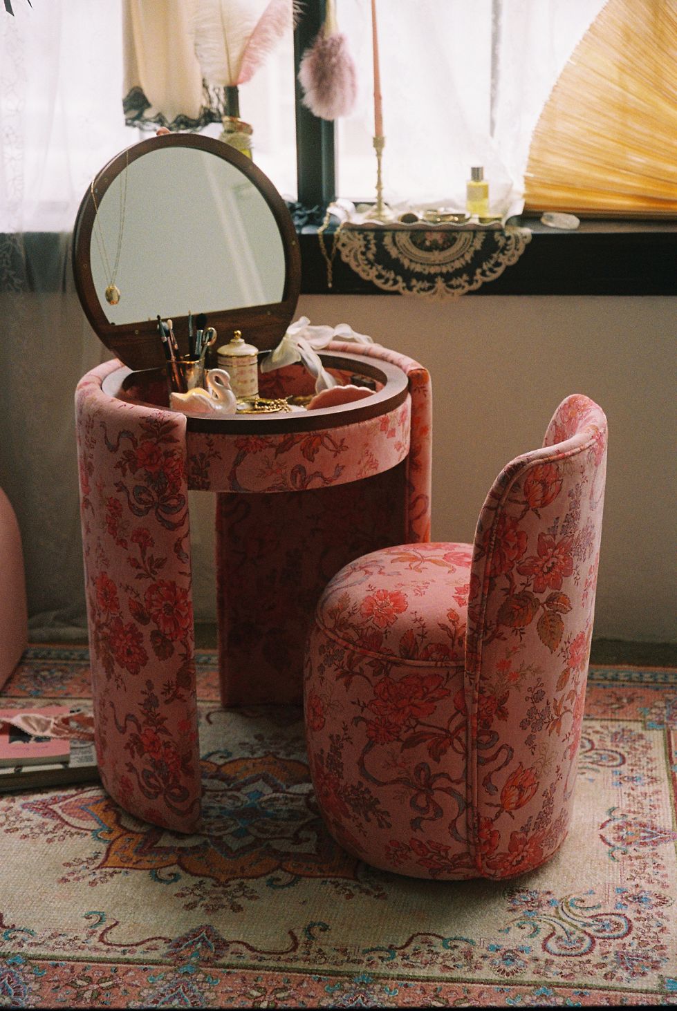 Jane Upholstered Vanity & Stool Set - Pink Floral - view 2