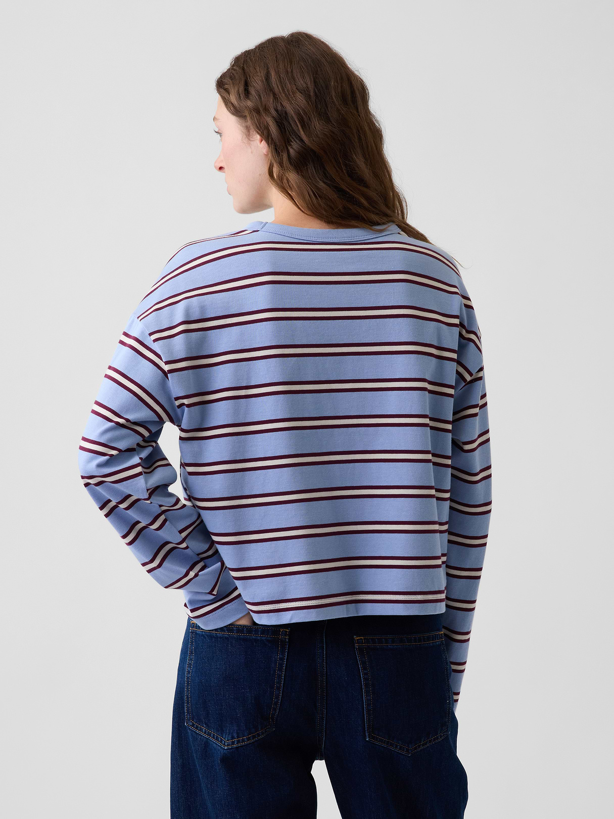 Knit Oversized Crop T-Shirt - Blue & purple burgundy stripe