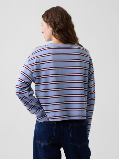 Knit Oversized Crop T-Shirt - Blue & purple burgundy stripe