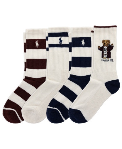 Polo Ralph Lauren Boys' 4-11 Duffel Coat Bear Socks, 3+ 1 Bonus Pack - White