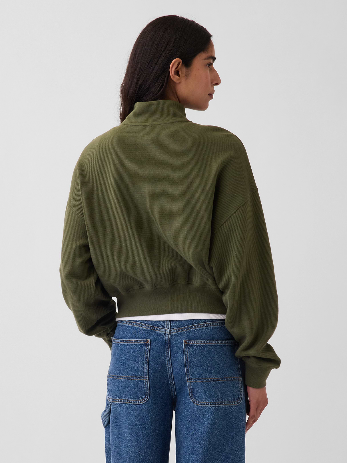Textured Cotton Oversized Half-Zip Pullover - Olive green