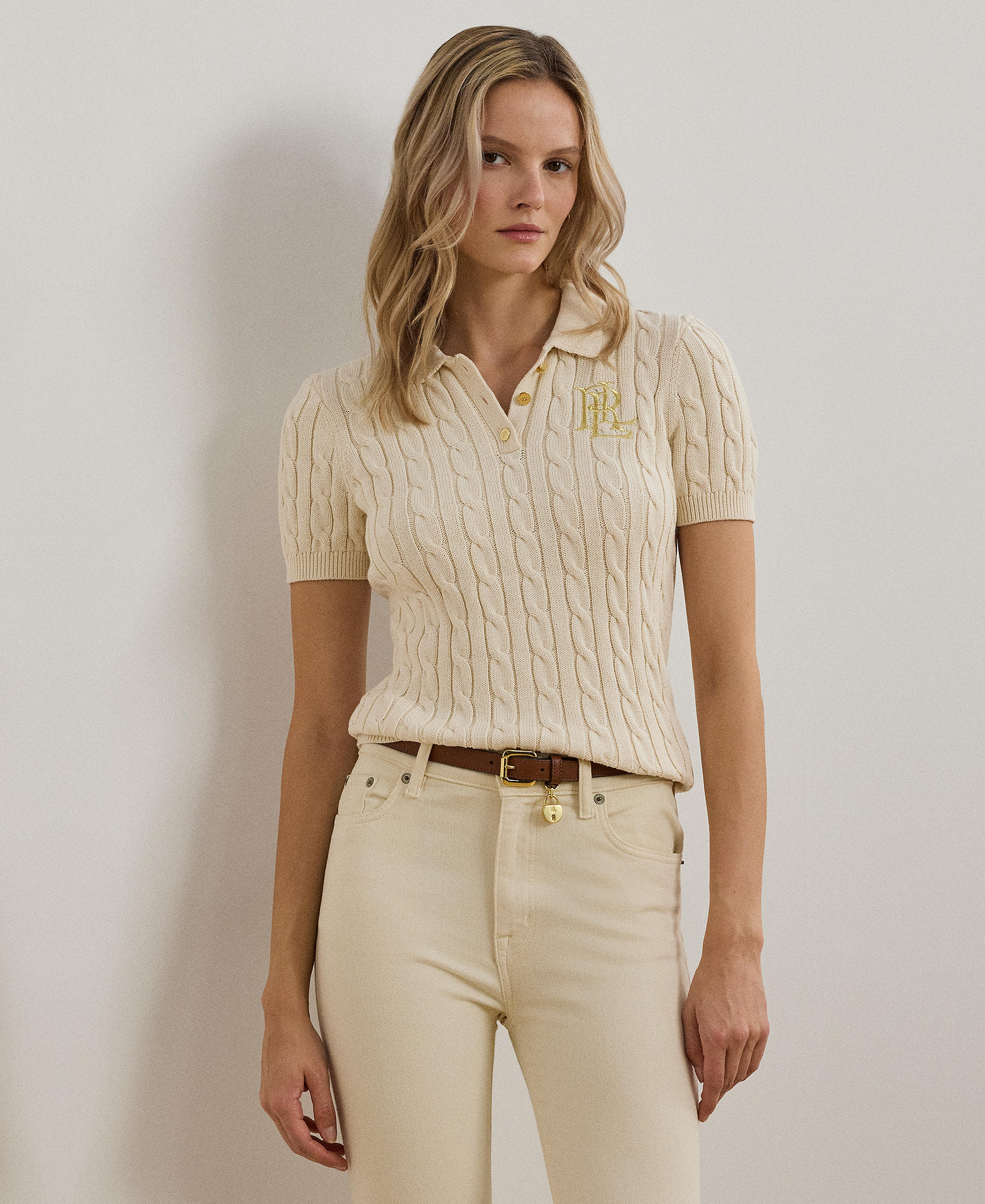 Lauren Ralph Lauren Women's Cable-Knit Sweater Polo - Mascarpone Cream