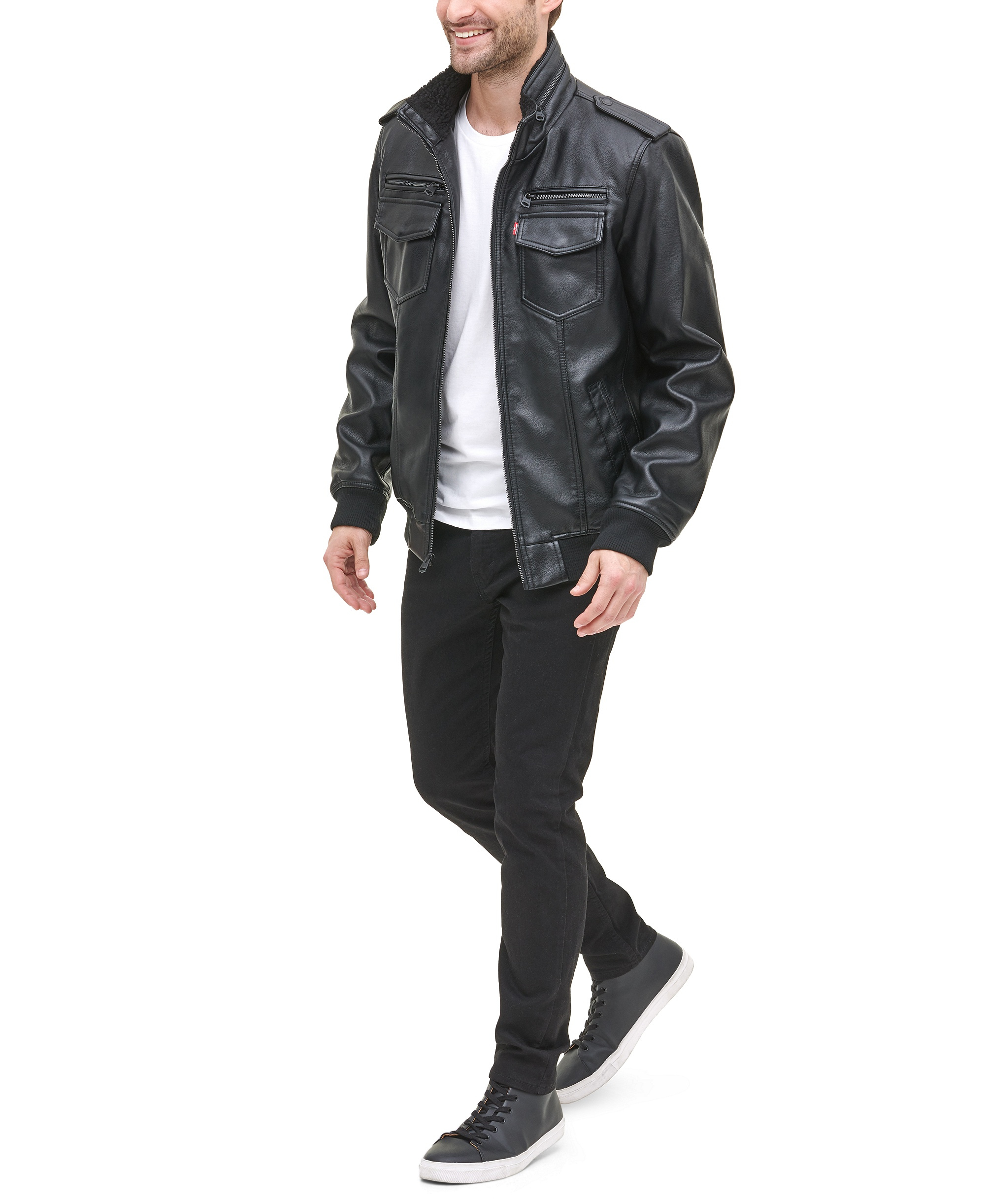Levi's Men's Sherpa Lined Faux Leather Aviator Bomber - Black