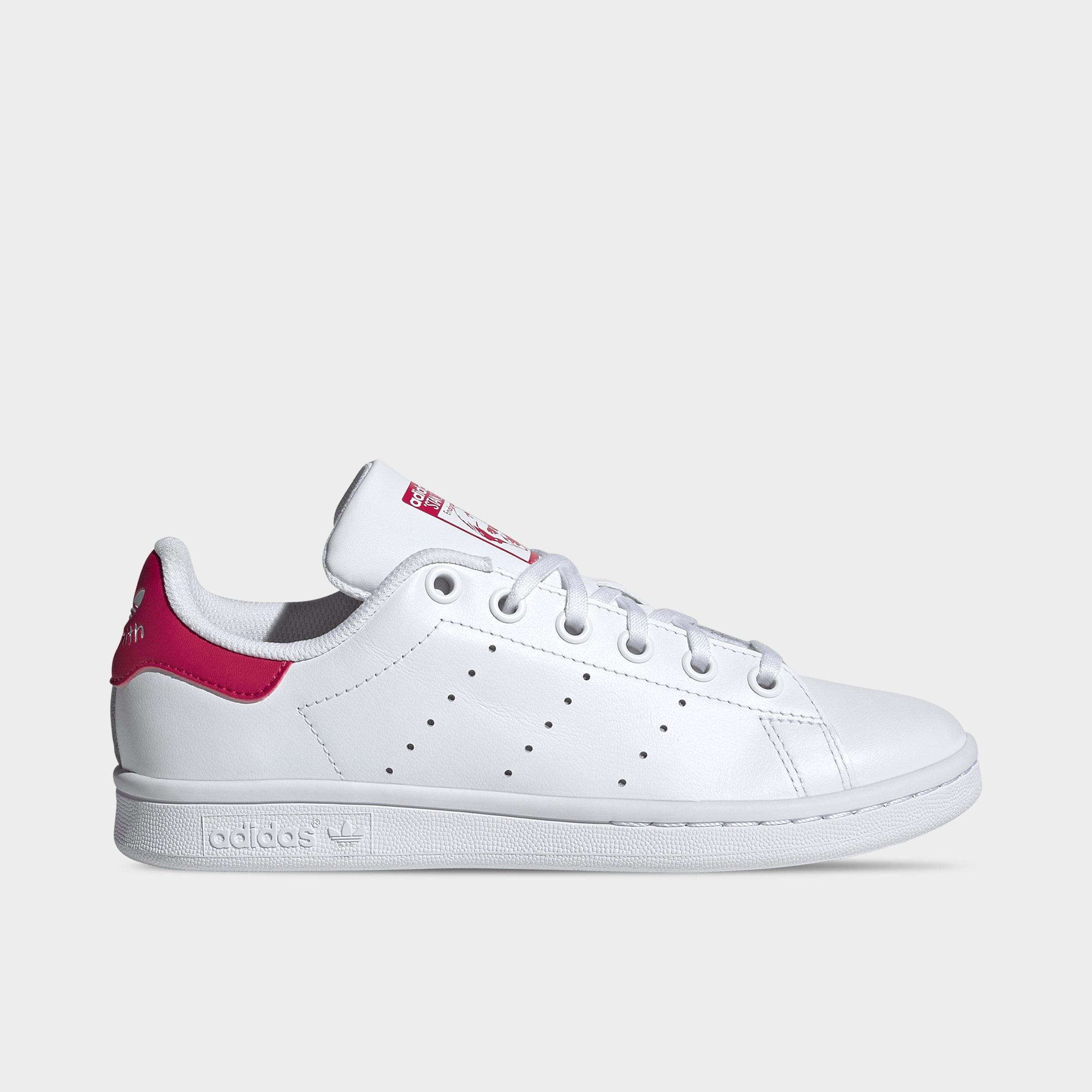 Big Kids' adidas Originals Stan Smith Casual Shoes - White/White/Bold Pink - Left shoe facing left. Outside of the shoe.