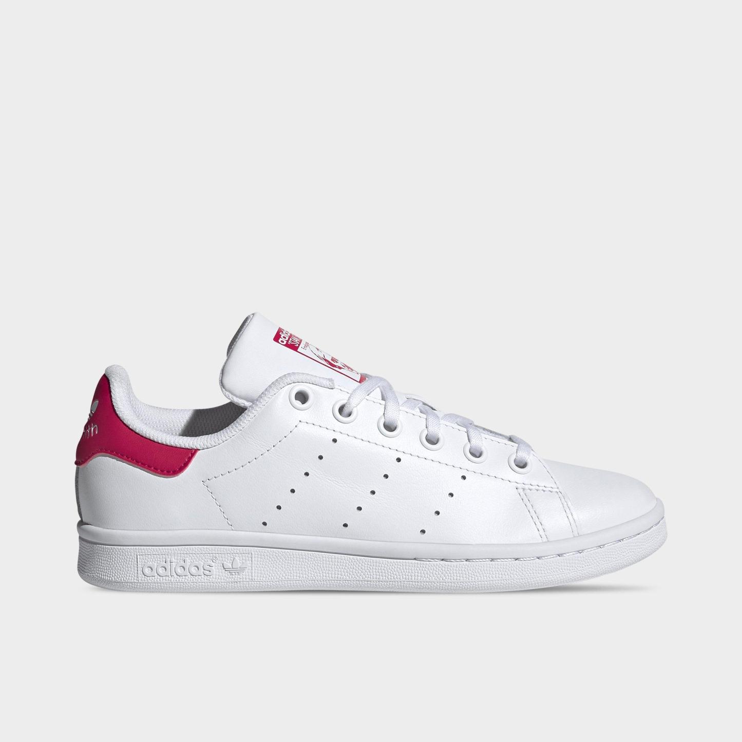 Big Kids' adidas Originals Stan Smith Casual Shoes - White/White/Bold Pink - Left shoe facing left. Outside of the shoe.