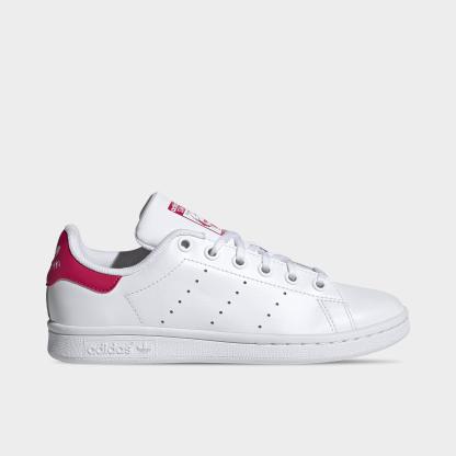 Big Kids' adidas Originals Stan Smith Casual Shoes - White/White/Bold Pink - Left shoe facing left. Outside of the shoe.