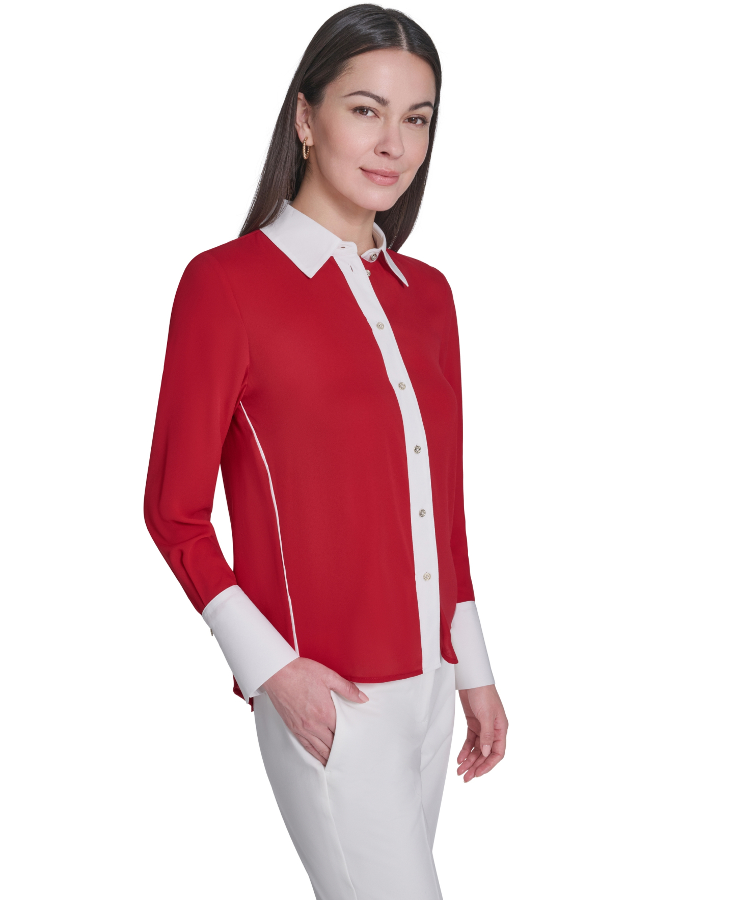Tommy Hilfiger Women's Slim-Fit Button-Up Top - Scarlet/Ivory