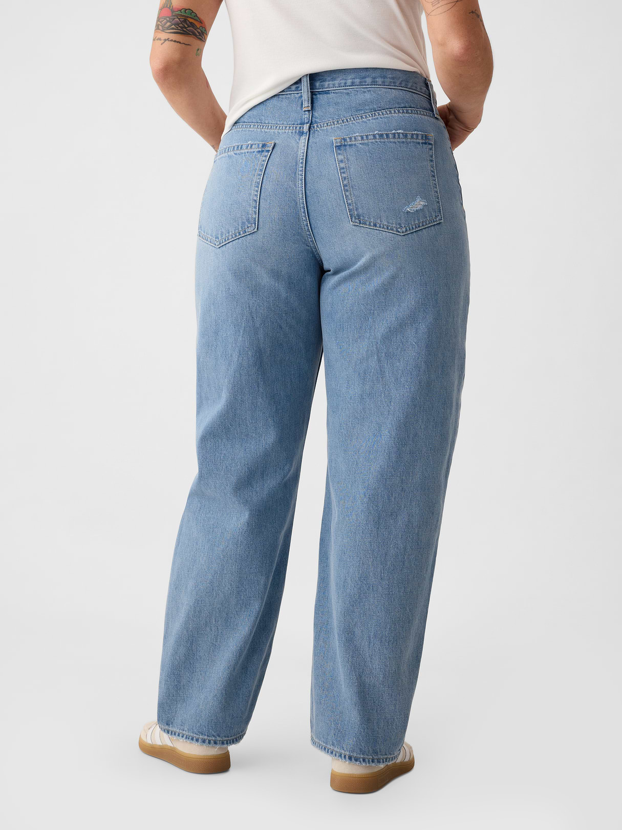 High Rise Khaki Stripe Barrel Jeans - Light indigo destroy