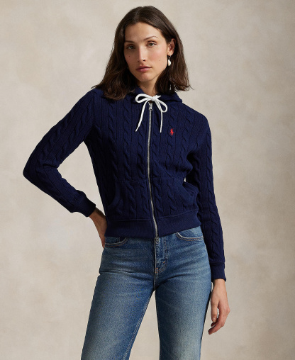 Polo Ralph Lauren Women's Cable-Knit Cotton Full-Zip Hoodie Sweater - Newport Navy