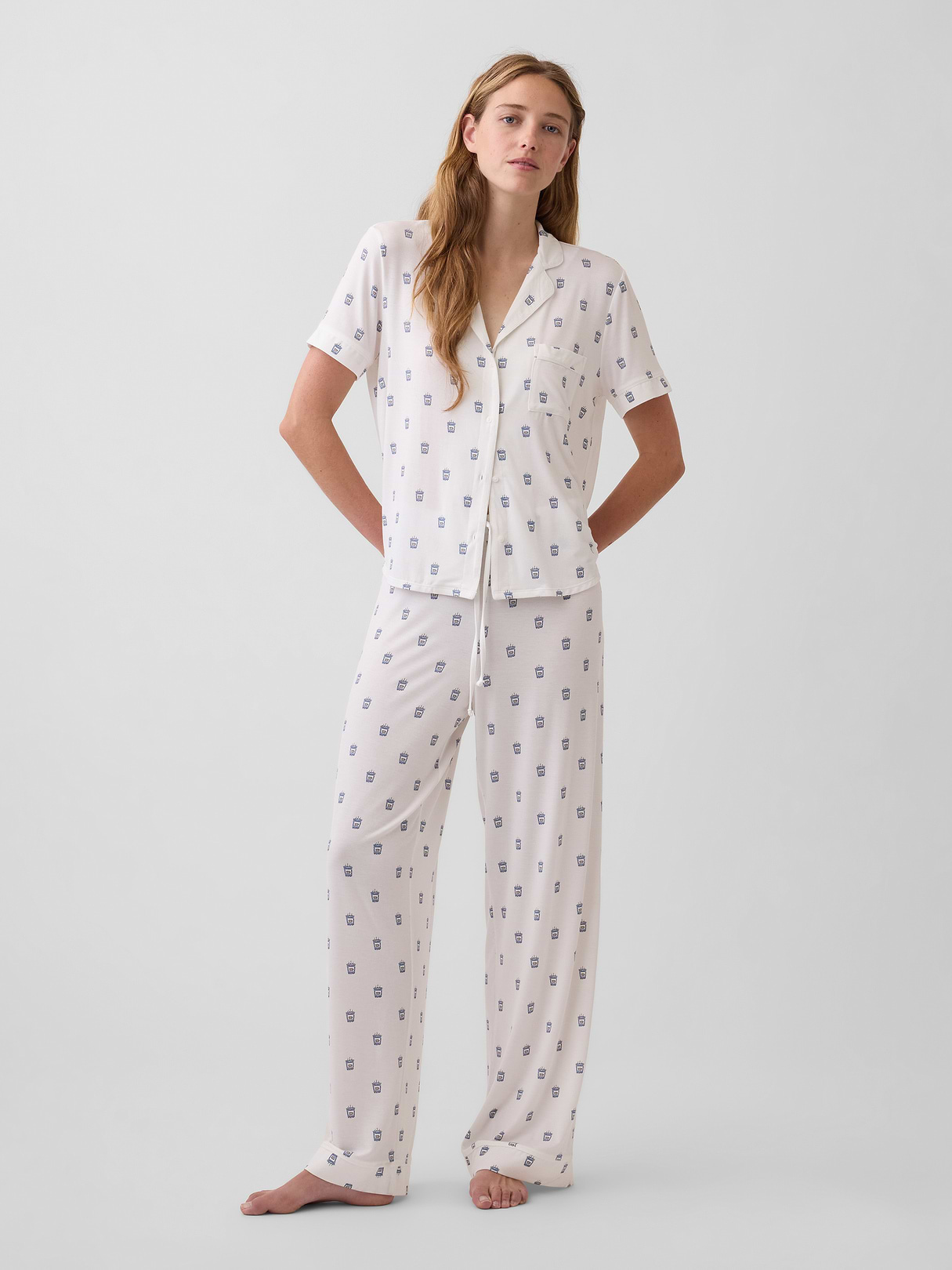SoftMade Modal PJ Pants - Off white coffee cup print