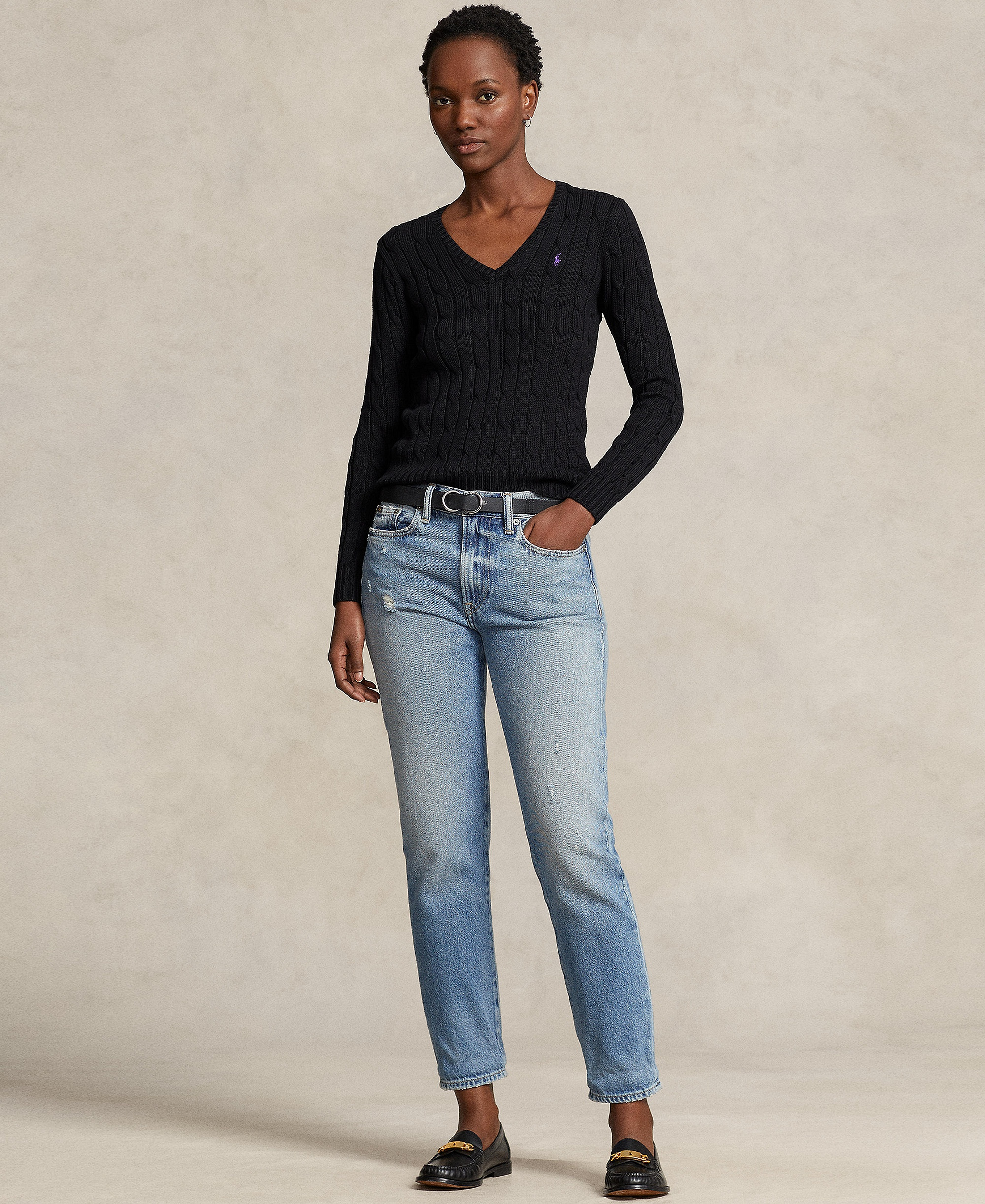 Polo Ralph Lauren Women's Cable-Knit Cotton V-Neck Sweater - Polo Black