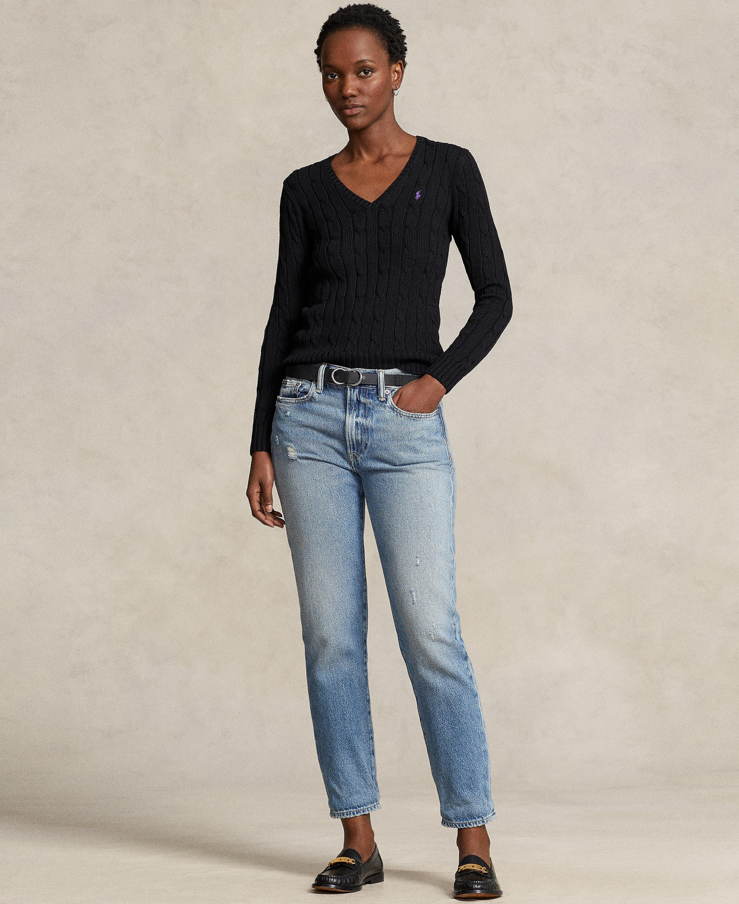Polo Ralph Lauren Women's Cable-Knit Cotton V-Neck Sweater - Polo Black