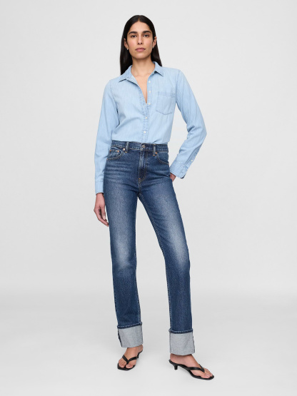 High Rise Twisted-Seam '90s Slim Straight Jeans - Cuffed dark wash