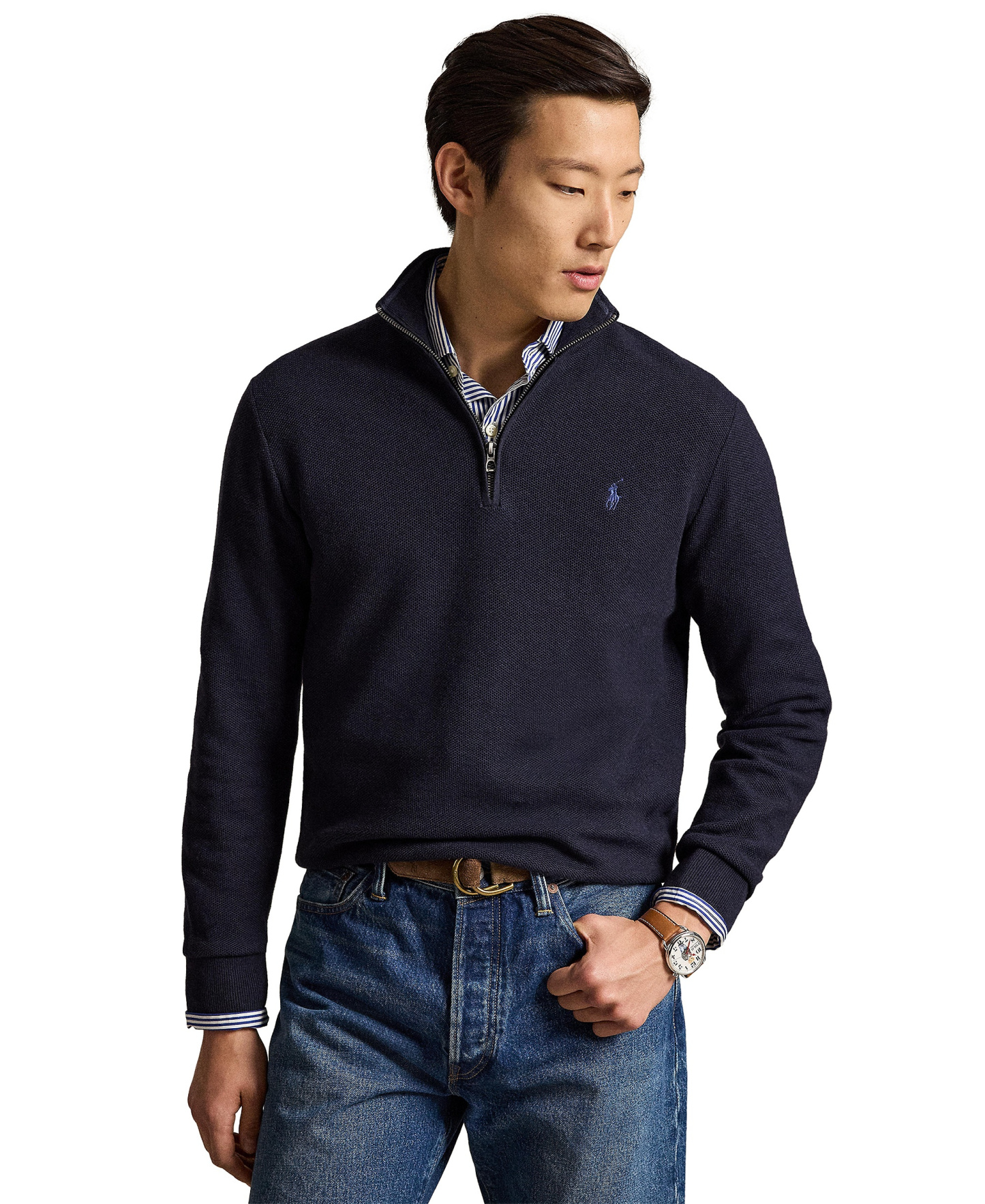 Polo Ralph Lauren Men's Mesh-Knit Cotton Quarter-Zip Sweater - Navy Heather
