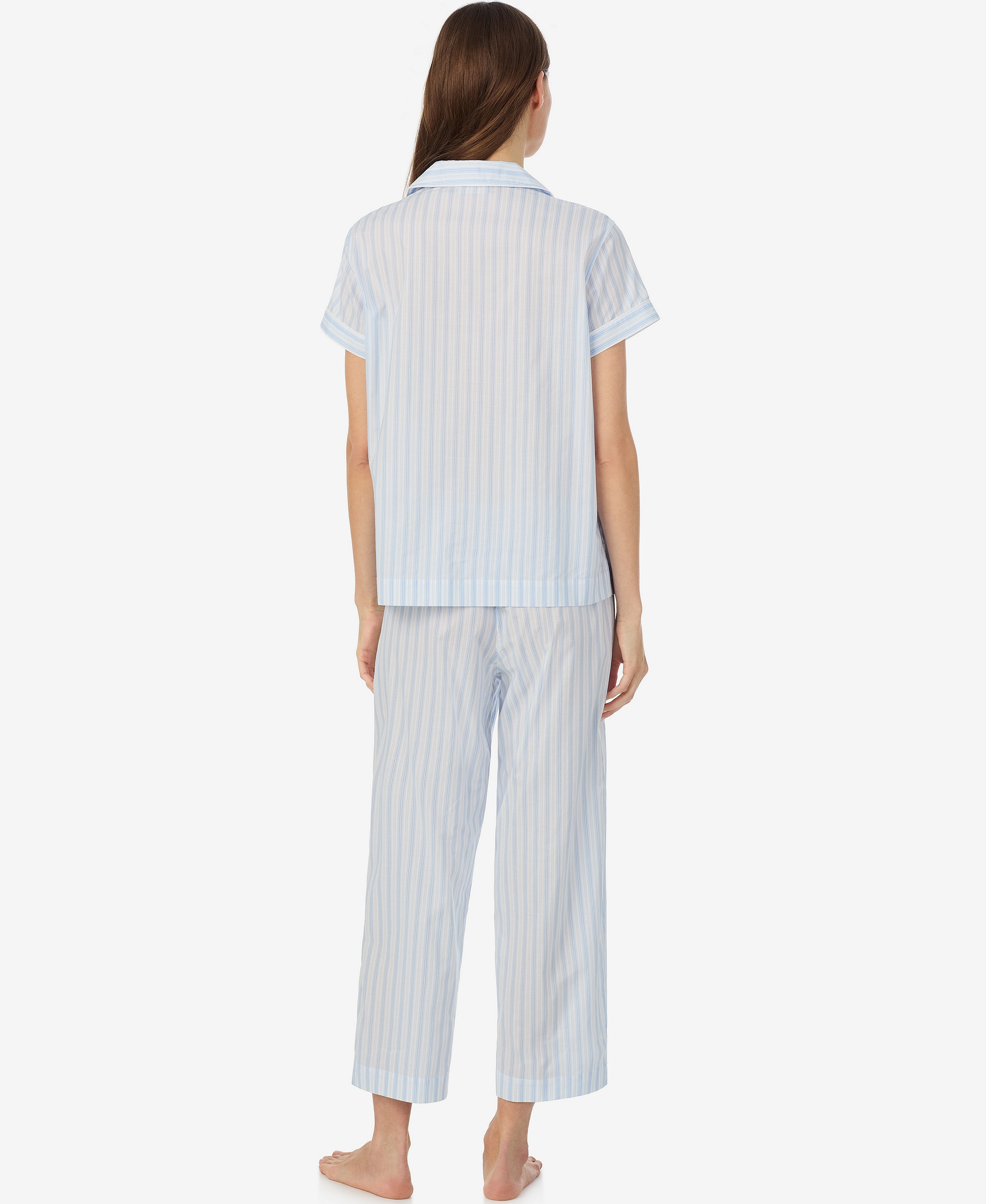 Lauren Ralph Lauren Women's Notch Collar Top and Cropped Pajama Pants, 2-Piece Set - Pale Blue Stripe