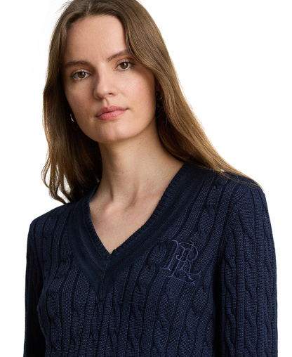 Lauren Ralph Lauren Women's Long-Sleeve V-Neck Cable Knit Sweater - Lauren Navy