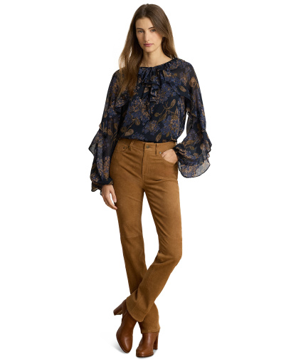 Lauren Ralph Lauren Women's Ruffle-Trim Long-Sleeve Blouse - Navy Multi