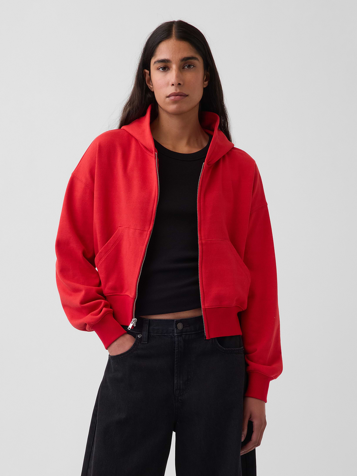 VintageSoft Terry Oversized Wedge Zip Hoodie - Red