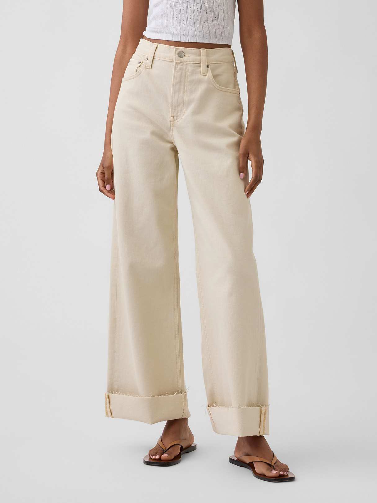High Rise Stride Wide-Leg Ankle Jeans - Beach pebble beige