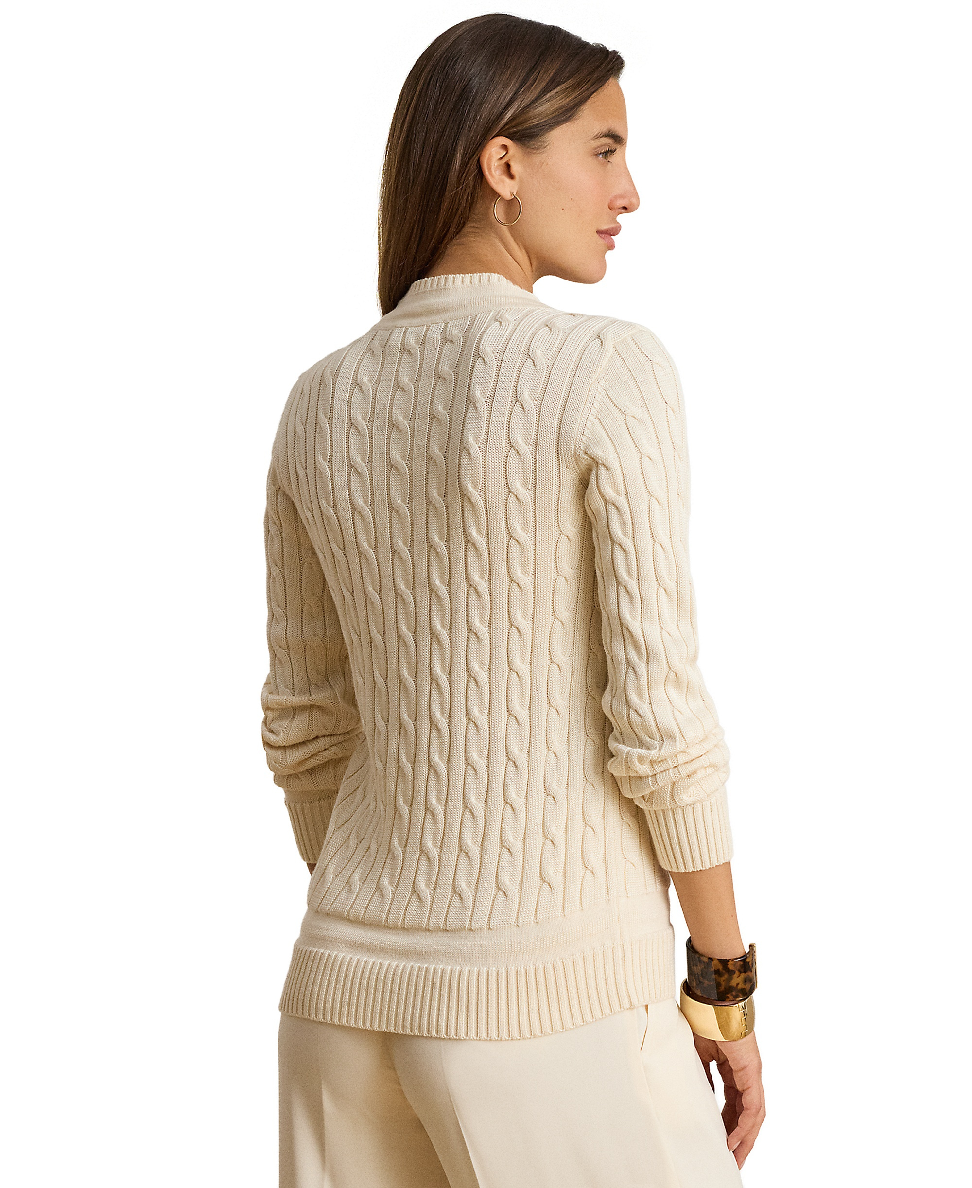 Lauren Ralph Lauren Women's Long-Sleeve V-Neck Cable Knit Sweater - Mascarpone Cream