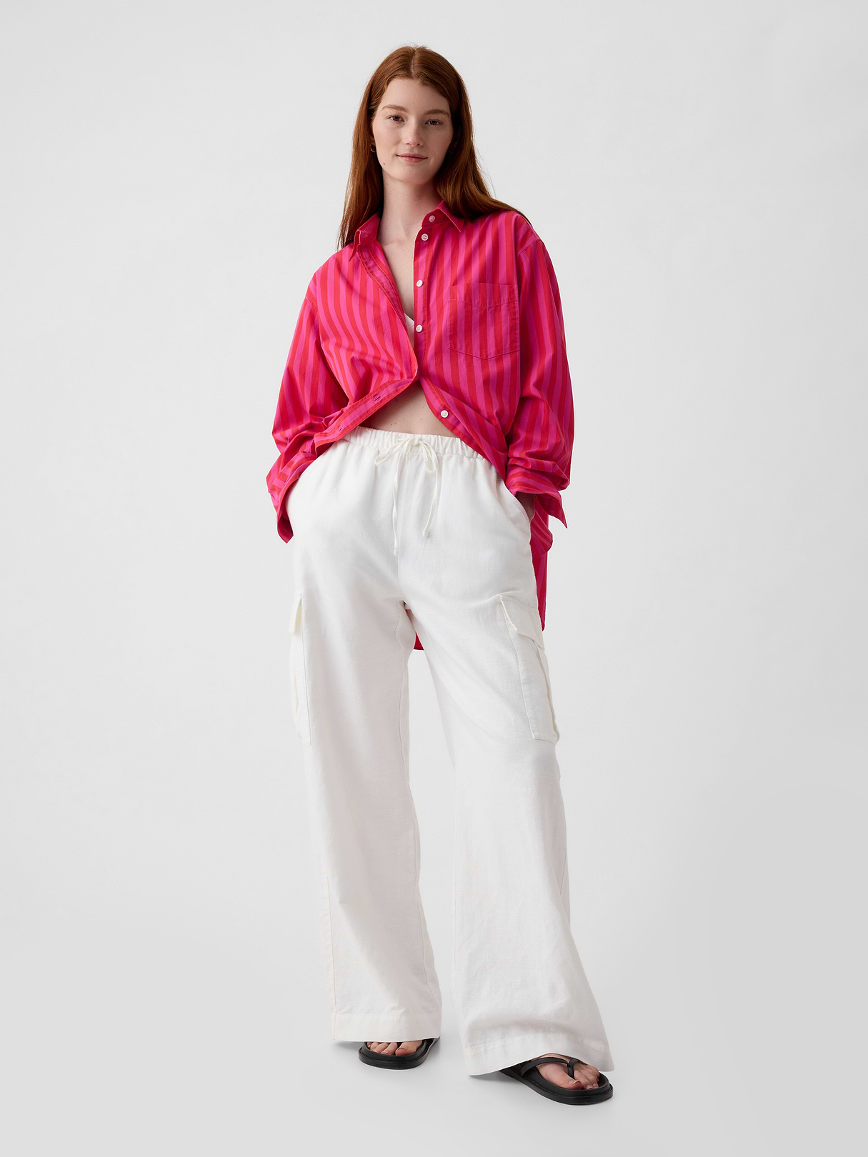 Organic Cotton Poplin Stripe Big Shirt - pink & red stripe