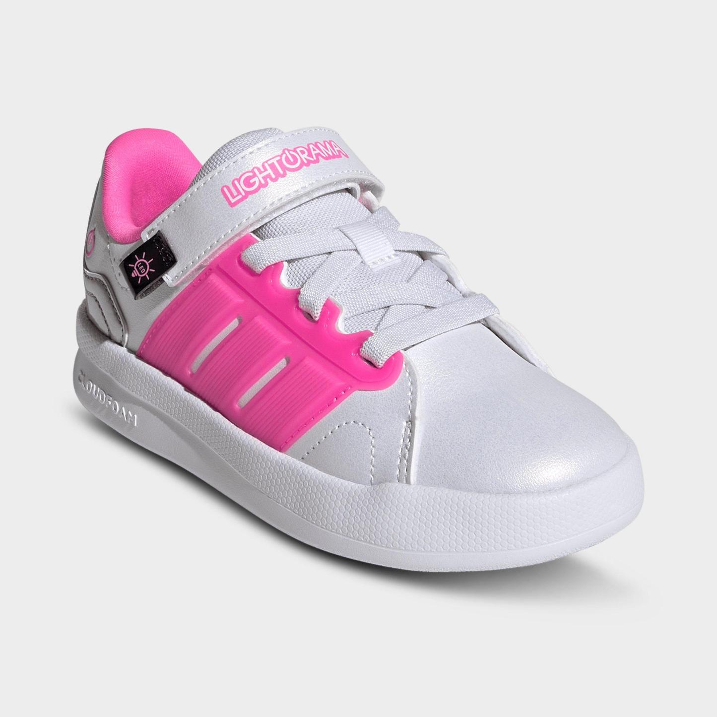 Little Kids' adidas x Minecraft Lightorama Court Stretch Lace Hook-And-Loop Casual Shoes - White/Lucid Pink/Silver Metallic - Both shoes facing left