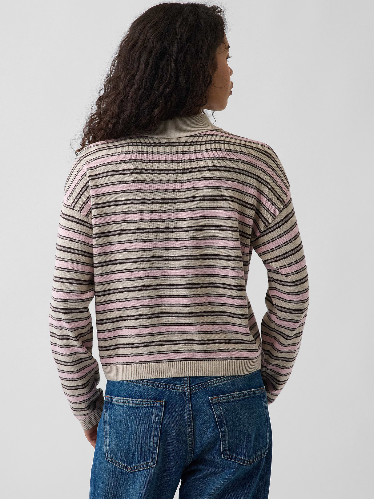 100% Cotton Relaxed Polo Sweater - Pink stripe
