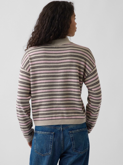 100% Cotton Relaxed Polo Sweater - Pink stripe