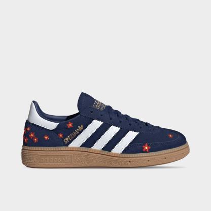 Big Kids' adidas Originals Handball Spezial Casual Shoes - Part 1 - Dark Blue/Cloud White/Gum - Left shoe facing left. Outside of the shoe.