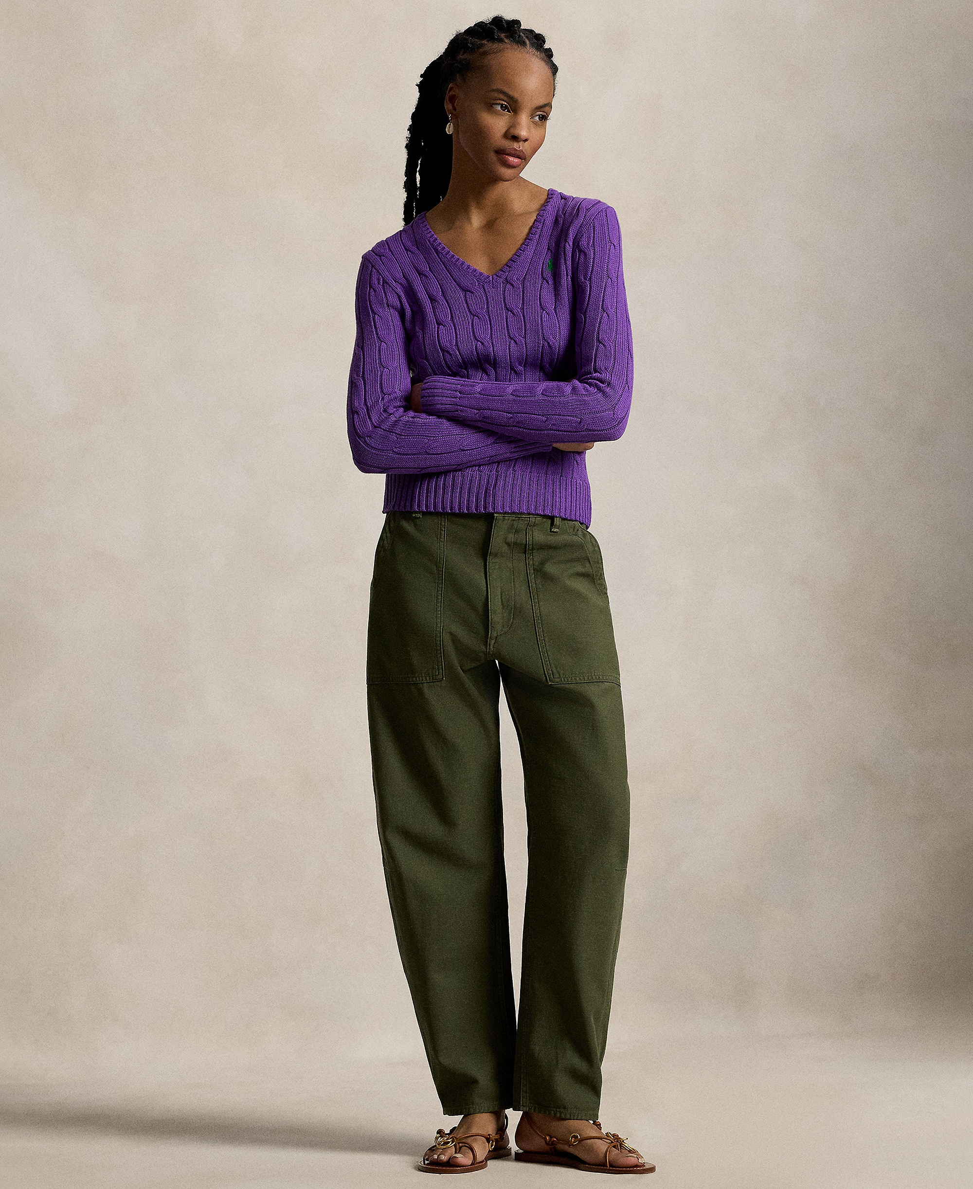 Polo Ralph Lauren Women's Cable-Knit Cotton V-Neck Sweater - Magenta