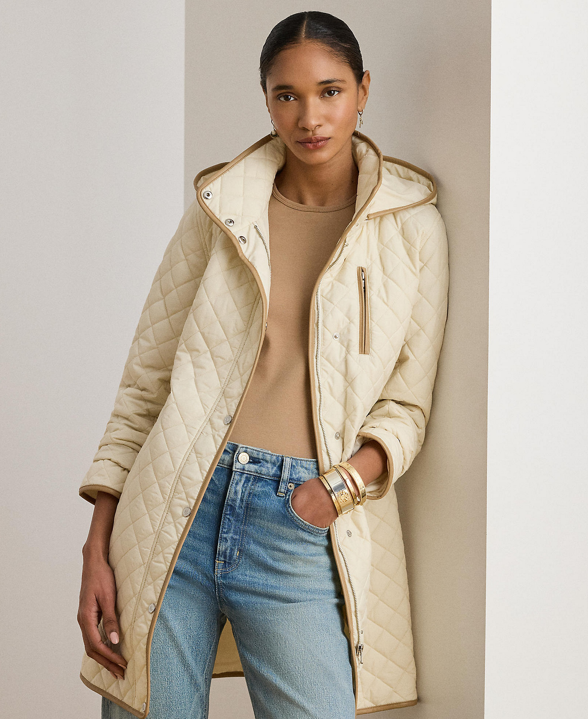 Lauren Ralph Lauren Womens Hooded Quilted Faux-Suede-Trim Coat - Moda cream
