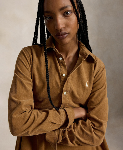 Polo Ralph Lauren Women's Corduroy Pleated Shirt Dress - Tan