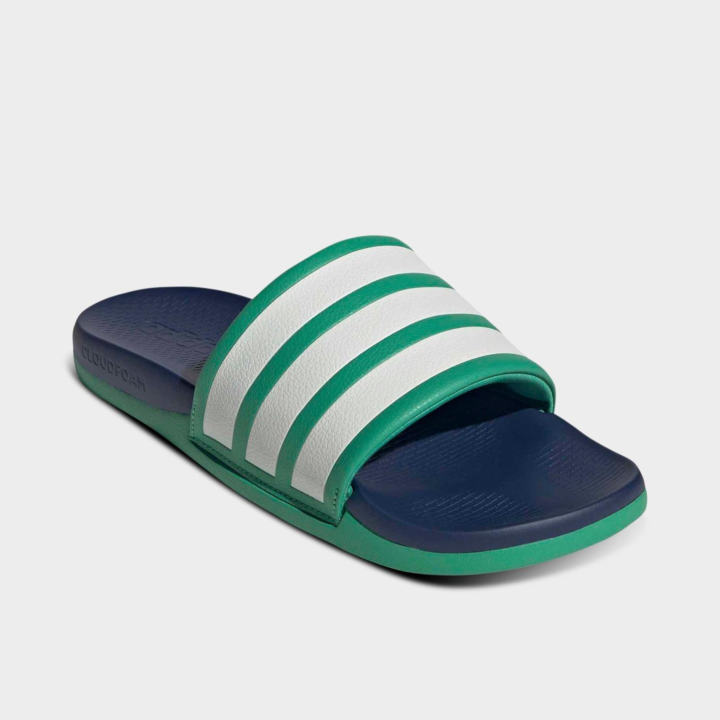 Women's adidas Adilette Comfort 2.0 Slide Sandals - Semi Court Green/Core White/Dark Blue - Both shoes facing left