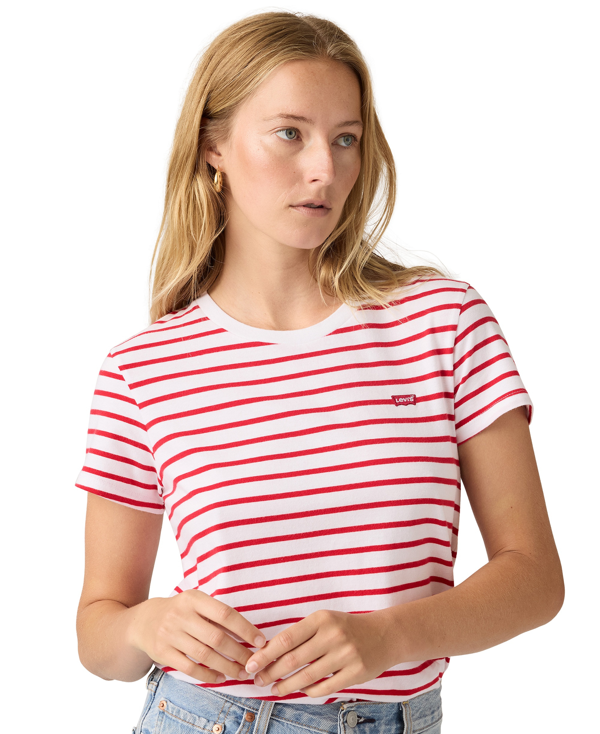 Levi's Women's The Perfect Crew Neck Cotton T-Shirt - Emily Stripe Bright White Urban Red