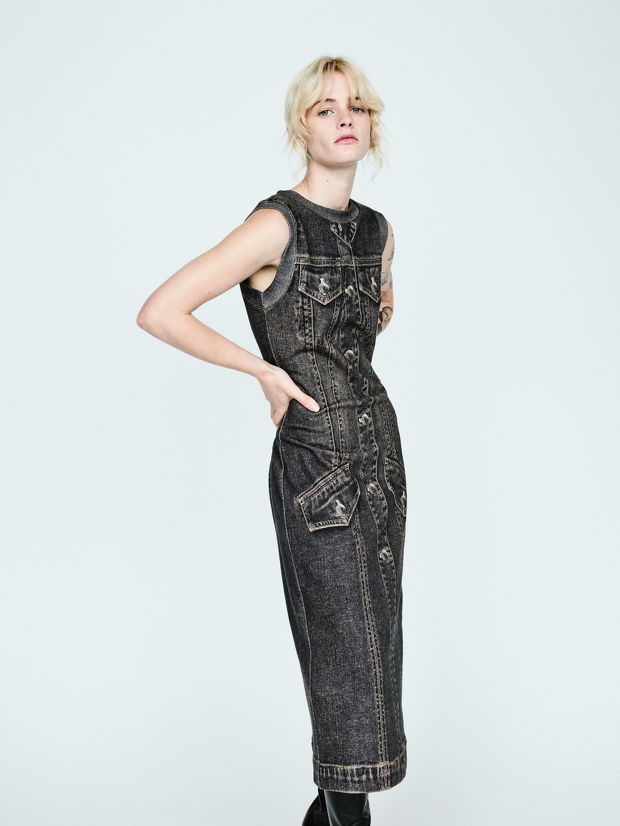 GapStudio Printed Denim Terry Dress - Dark denim