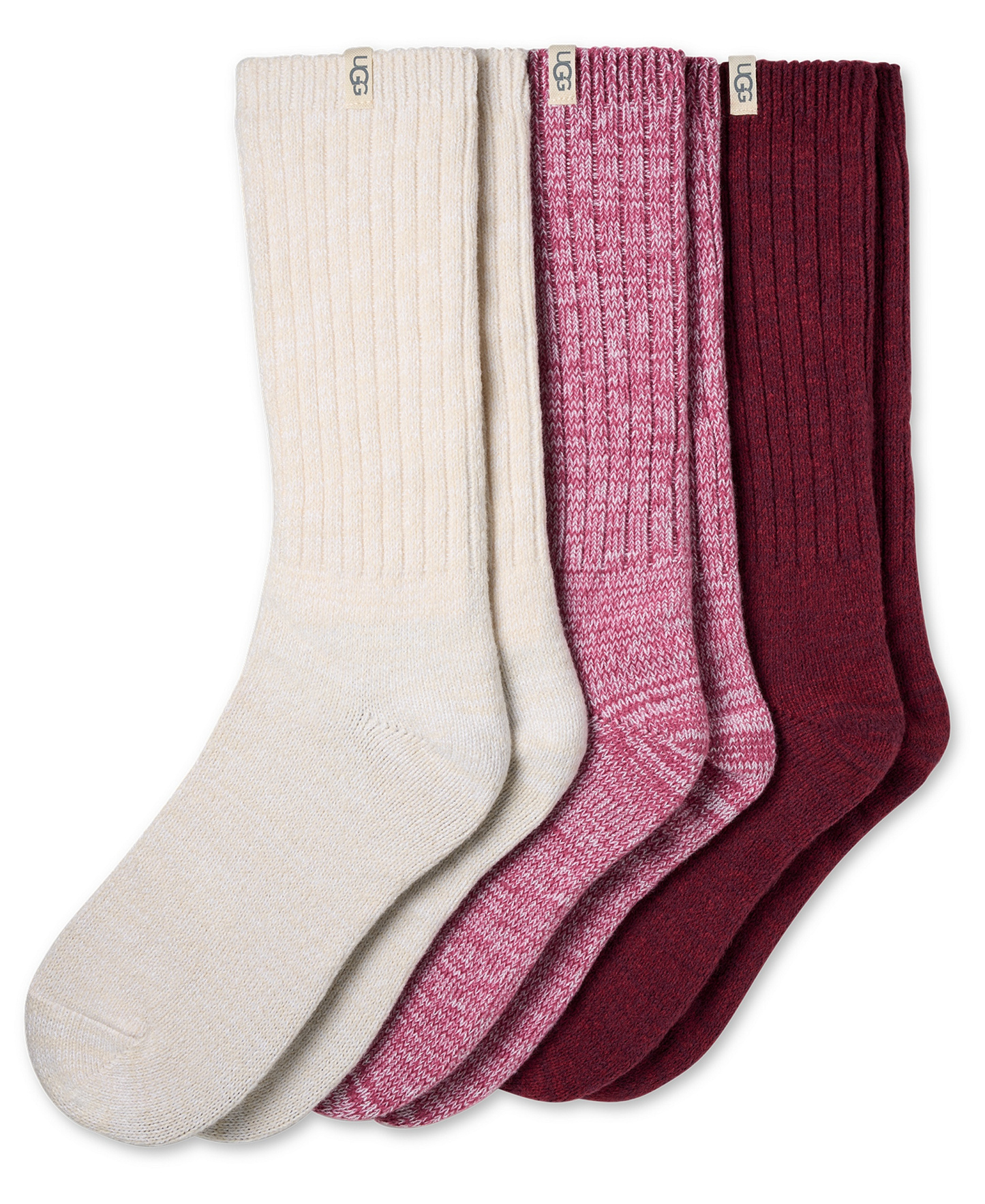 UGG® Women's 3-Piece Rib Knit Slouchy Crew Socks - Strawberry / Cream / Coffee Berry