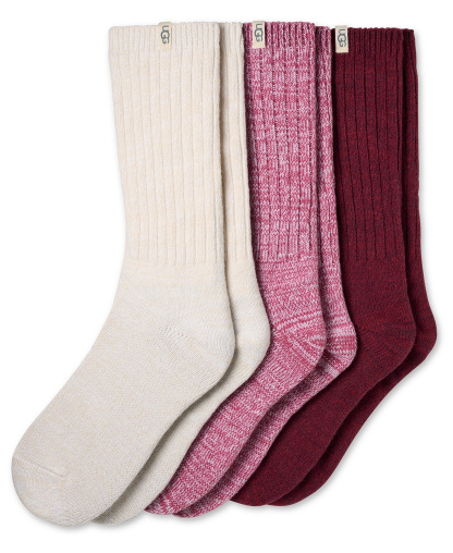UGG® Women's 3-Piece Rib Knit Slouchy Crew Socks - Strawberry / Cream / Coffee Berry